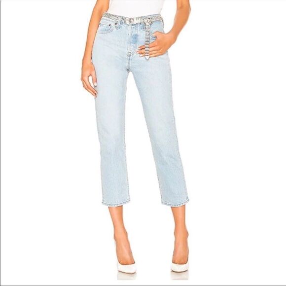 LEVI’S High Rise Wedgie Straight Denim Jeans Button Fly Light Blue 25 - Picture 2 of 5